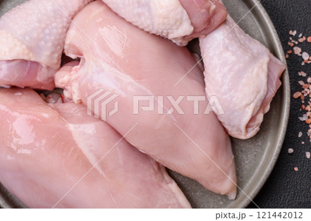 Pieces of raw chicken or turkey fillet with salt, spices and herbs Pieces of raw chicken or turkey fillet with salt, spices and herbs 121442012