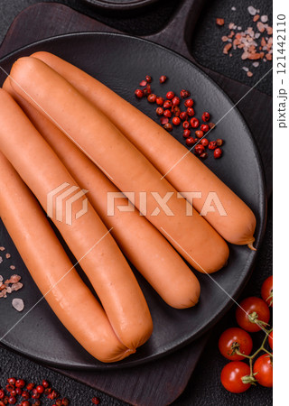 Delicious fresh vegetarian sausage or sausage made from vegetable protein tofu or seitan legumes Delicious fresh vegetarian sausage or sausage made from vegetable protein tofu or seitan legumes 121442110