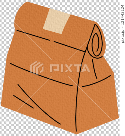 Fast food paper bag. Takeaway food packaging, food delivery paper bag flat vector illustration. Disposable food paper bag on white	 121442124