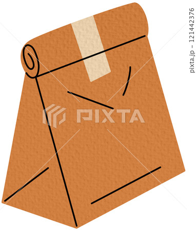 Takeaway food paper bag. Fast food delivery paper bag flat vector illustration. Hand drawn disposable food paper bag on white	 121442376