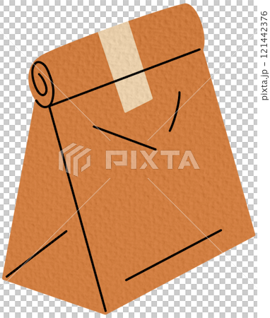 Takeaway food paper bag. Fast food delivery paper bag flat vector illustration. Hand drawn disposable food paper bag on white	 121442376