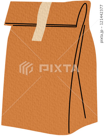 Paper bag, pouch, kraft package. Eco-friendly craft pack sealed with tap for products, takeaway food and gifts. Biodegradable recyclable packet. Flat vector illustration isolated on white background 121442377