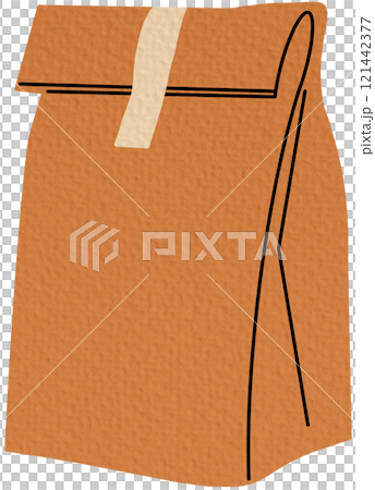 Paper bag, pouch, kraft package. Eco-friendly craft pack sealed with tap for products, takeaway food and gifts. Biodegradable recyclable packet. Flat vector illustration isolated on white background 121442377