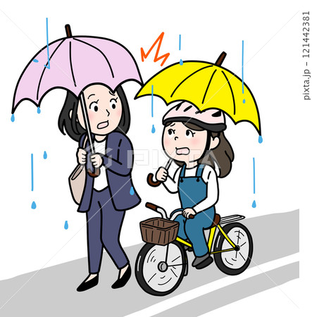 雨の日に傘さし自転車と接触する人（道路込み・カラー） 121442381