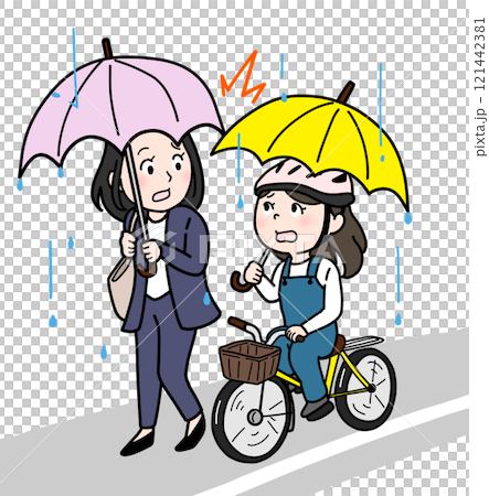 雨の日に傘さし自転車と接触する人（道路込み・カラー） 121442381
