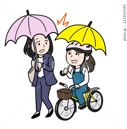 傘さし自転車と接触する人（人物のみ・カラー） 121442383