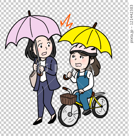A person holding an umbrella and colliding with a bicycle (people only, color) 121442383