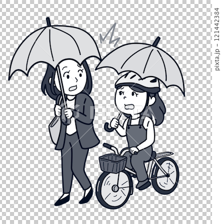 A person holding an umbrella and colliding with a bicycle (people only, 1 tone) 121442384