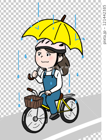 雨天打著傘騎腳踏車的人（含道路，顏色） 121442385