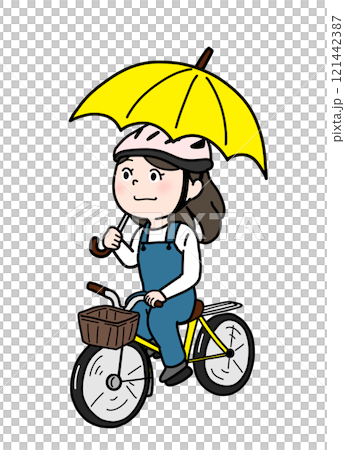 A person riding a bicycle with an umbrella (people only, color) A person riding a bicycle with an umbrella (people only, color) 121442387