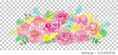 Watercolor illustration of roses and mimosa flower arrangement 121442519