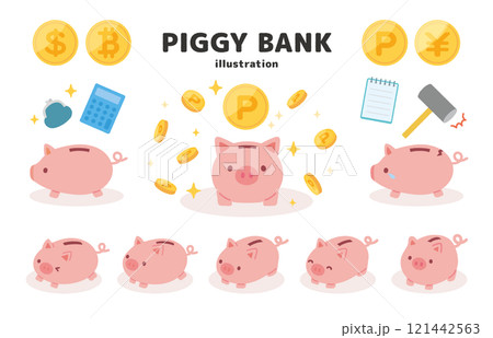 豚の貯金箱とポイント、マネーのイラスト素材集 121442563