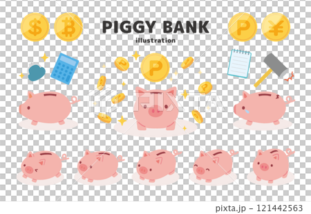 豚の貯金箱とポイント、マネーのイラスト素材集 121442563
