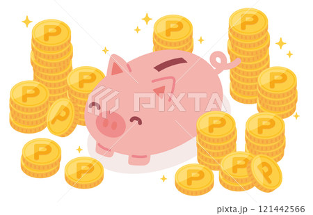 ポイントコインの山と豚の貯金箱のイラスト ポイントコインの山と豚の貯金箱のイラスト 121442566