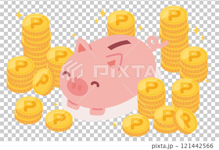 ポイントコインの山と豚の貯金箱のイラスト ポイントコインの山と豚の貯金箱のイラスト 121442566