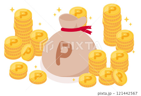 ポイントコインの山とポイント袋のイラスト 121442567
