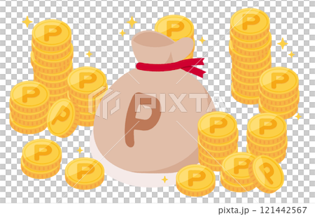 ポイントコインの山とポイント袋のイラスト 121442567