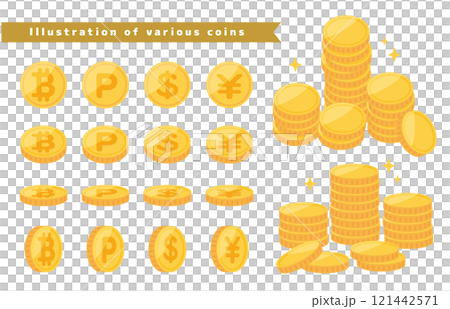 Illustration collection of money, virtual currency, points (yen/dollar/bitcoin/points) 121442571
