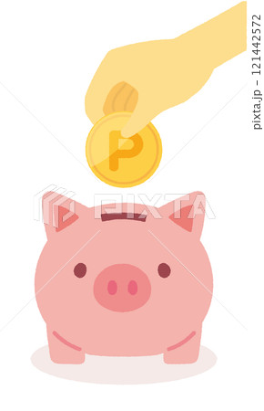 豚の貯金箱にコインを入れるイラスト 121442572
