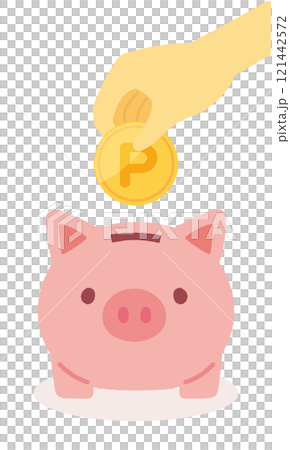 豚の貯金箱にコインを入れるイラスト 121442572