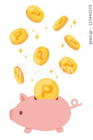 たくさんのコインと豚の貯金箱のイラスト たくさんのコインと豚の貯金箱のイラスト 121442573