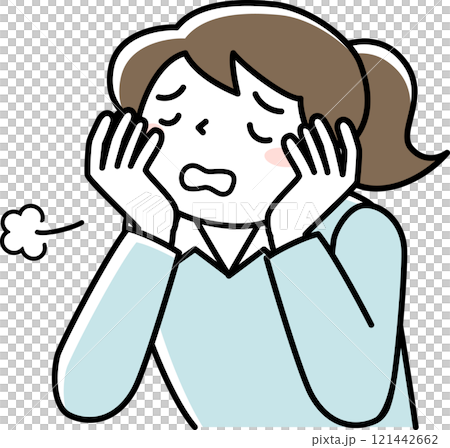 The upper body of a woman sighing while resting her chin on her hand 121442662