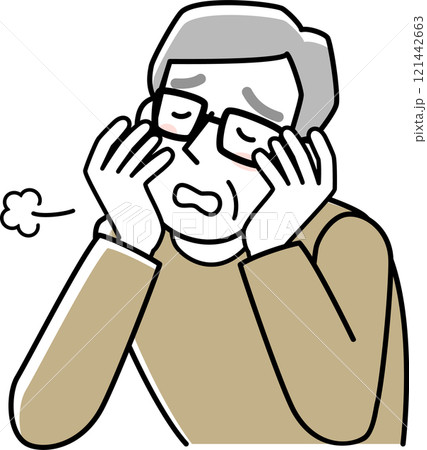 頬杖をついて溜息をつくシニア男性の上半身 121442663