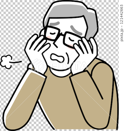 頬杖をついて溜息をつくシニア男性の上半身 121442663