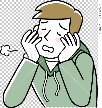 The upper body of a man sighing while resting his chin on his hand 121442664