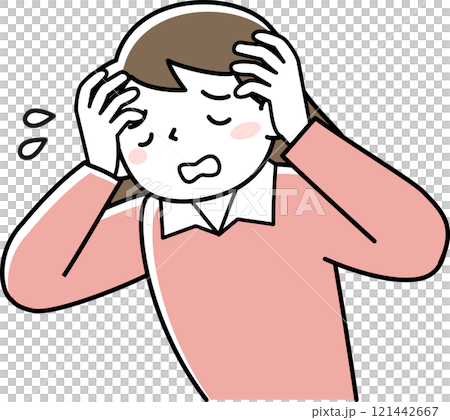 頭を抱えて困っている女性の上半身 頭を抱えて困っている女性の上半身 121442667