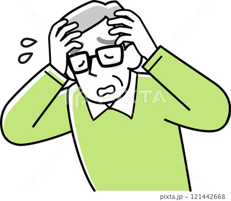 頭を抱えて困っているシニア男性の上半身 121442668