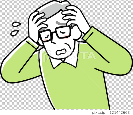 頭を抱えて困っているシニア男性の上半身 121442668