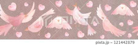 Birds flying, singing, and pink hearts, hand painted watercolor seamless border on mocha background. High quality pink clip art in cartoon style great for children products, wrapping paper, tape Birds flying, singing, and pink hearts, hand painted watercolor seamless border on mocha background. High quality pink clip art in cartoon style great for children products, wrapping paper, tape 121442879