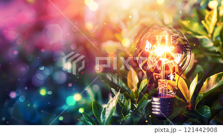 Green energy concept with light bulb and nature. AI Generated 121442908