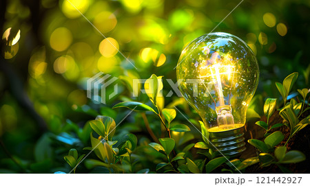 Green energy concept with light bulb and nature. AI Generated 121442927