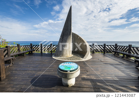 Building view of Taiwan's southernmost point landmark, It is located in Cape Eluanbi of Kenting National Park in Pingtung, Taiwan. 121443087