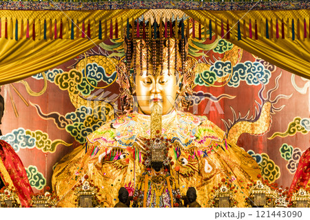 The main hall of the Great Mazu Temple in Tainan, Taiwan, enshrined statues of Mazu. the Mazu is a deified form of the medieval Fujianese shamaness Lin Moniang. 121443090