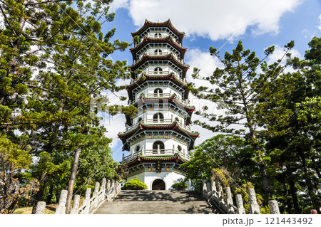 Building view of Zhongxing Pagota in Chenghcing Lake Scenic Area in Kaohsiung, Taiwan. 121443492