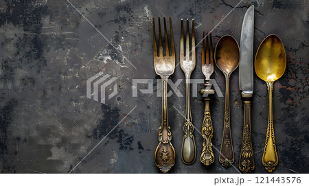 Cutlery knife, spoons, forks on a dark concrete background. AI Generated 121443576
