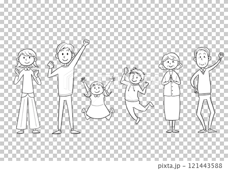 三代家庭微笑和揮手的黑白插圖 121443588