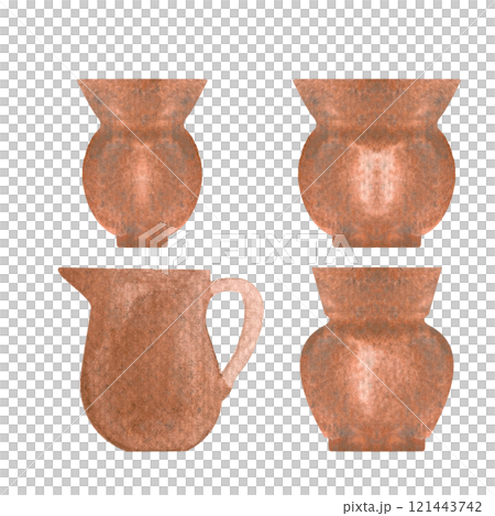Pots, clay jars, rusty metal antique watercolor illustration set isolated on white background, hand drawn design elements. Perfect for cards, decor, label and logos, souvenir decor. Ancient clip art 121443742