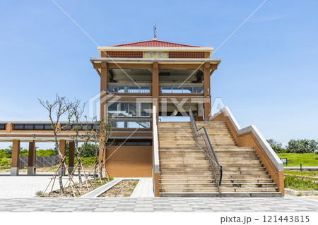 Building view of the Qigu Sea View Tower (Guanhailou) in Tainan, Taiwan, one of the Taijiang National Park attractions. 121443815