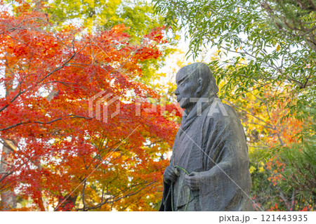 秋の京都　大谷本廟　紅葉に包まれた親鸞聖人像 121443935