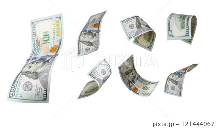 100 dollars flying on white background. USA banknotes at different angles. Front side 121444067