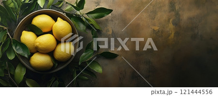 Lemons in bowl on rustic background with copyspace 121444556