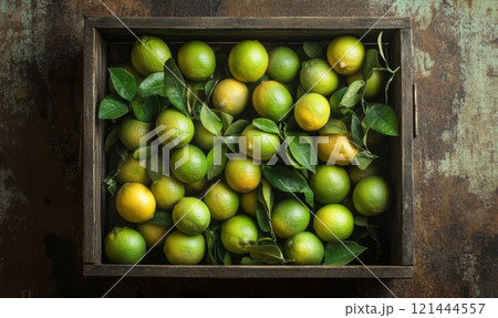 Limes in wooden box on rustic background with copyspace 121444557