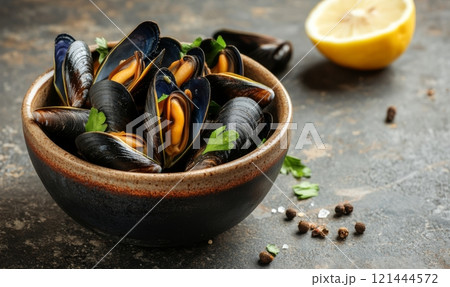 Mussels in bowl with lemon on rustic background, healthy seafood concept 121444572