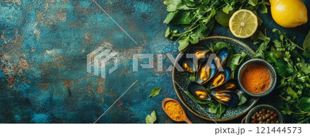 Mussels in bowl with lemon on rustic background, healthy seafood concept 121444573