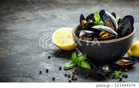 Mussels in bowl with lemon on rustic background, healthy seafood concept 121444574