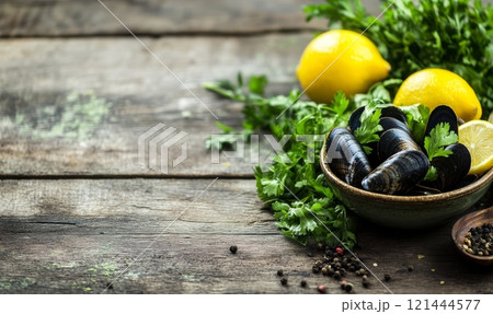 Mussels in bowl with lemon on rustic background, healthy seafood concept 121444577